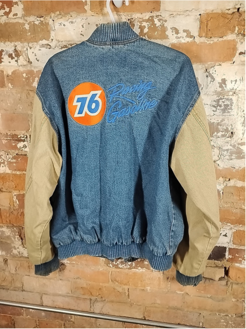 Vintage 76 Racing Gasoline Jacket Mens L Bomber Varsity Denim Embroidered 90s